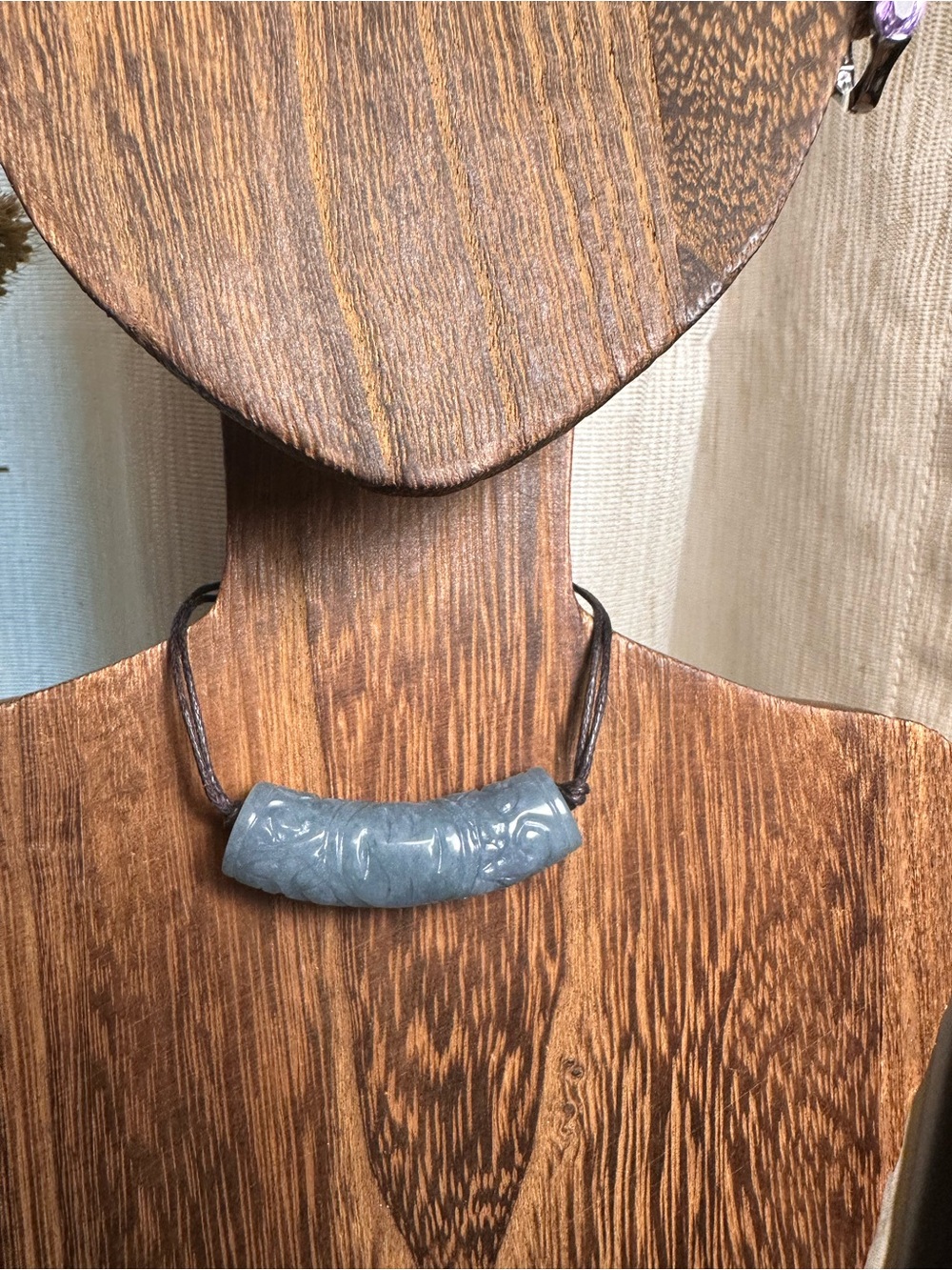 Green Jade Barrel Necklace on Brown Rope - Picture 15 of 16